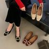 2025 Autumn and Winter New Round Head Thick Heel Metal Buckle Commuter Work Suede Women's Single Shoes