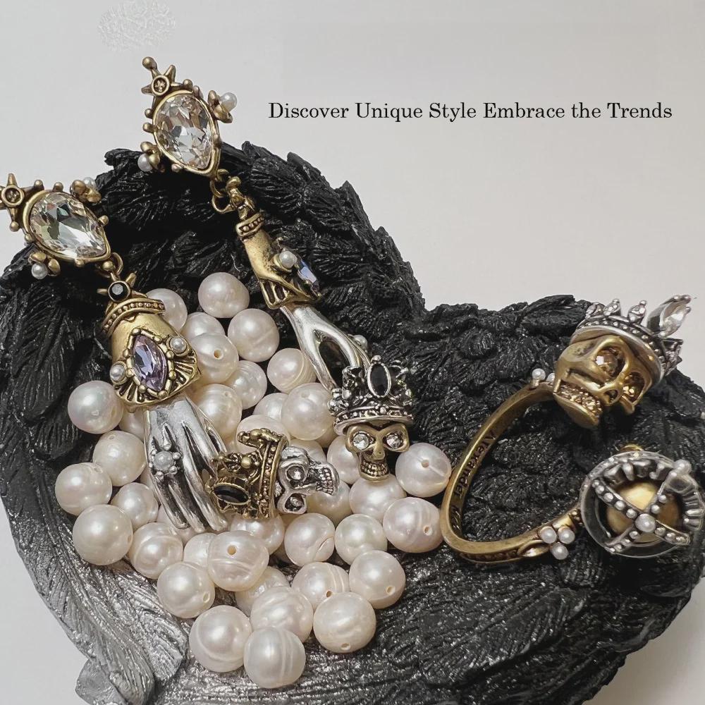 Кольца и серьги Mai Jia Antique Bronze в виде головы привидения: Винтажная микроинкрустация, тяжелый панк-стиль, популярные аксессуары.