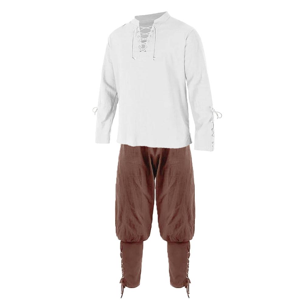 Men's Renaissance Sets Pirate Shirts and Pants Men Costume Cotton Linen V-neck Drawstring Party Dress Two Pieces