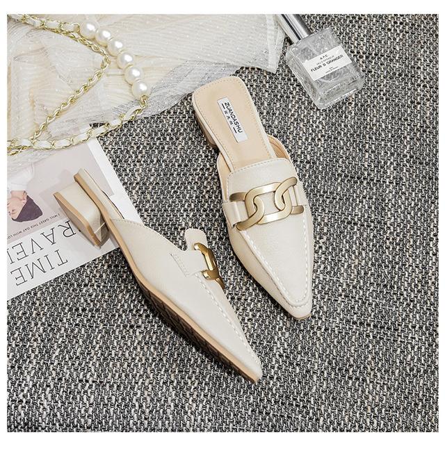 2024 Летняя новая обувь для женщин, модные тапочки, повседневные кожаные сандалии для девочек на каблуках с острым носком, мюли