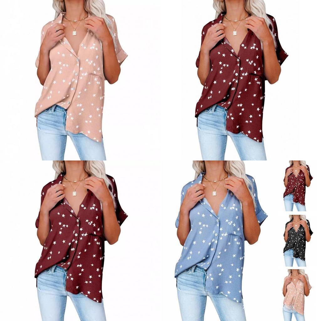 Starry Print Chiffon Blouse With Button Front For Casual Summer Wear