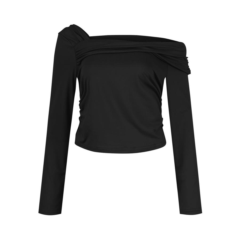 Женская мода, однотонный плиссированный топ на одно плечо с длинными рукавами, облегающий короткий топ с открытым пупком