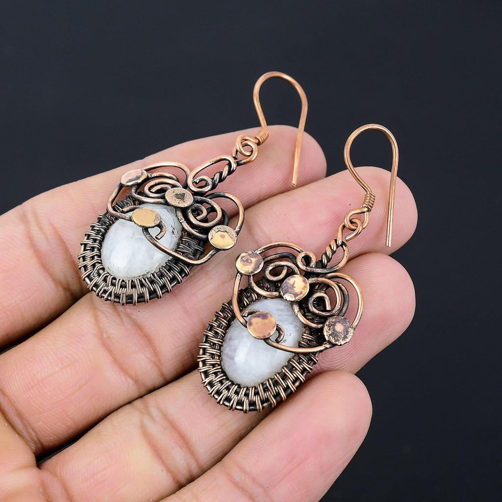 Лунный камень Драгоценный камень ручной работы из чистой медной проволоки, обернутый замечательными ювелирными серьгами