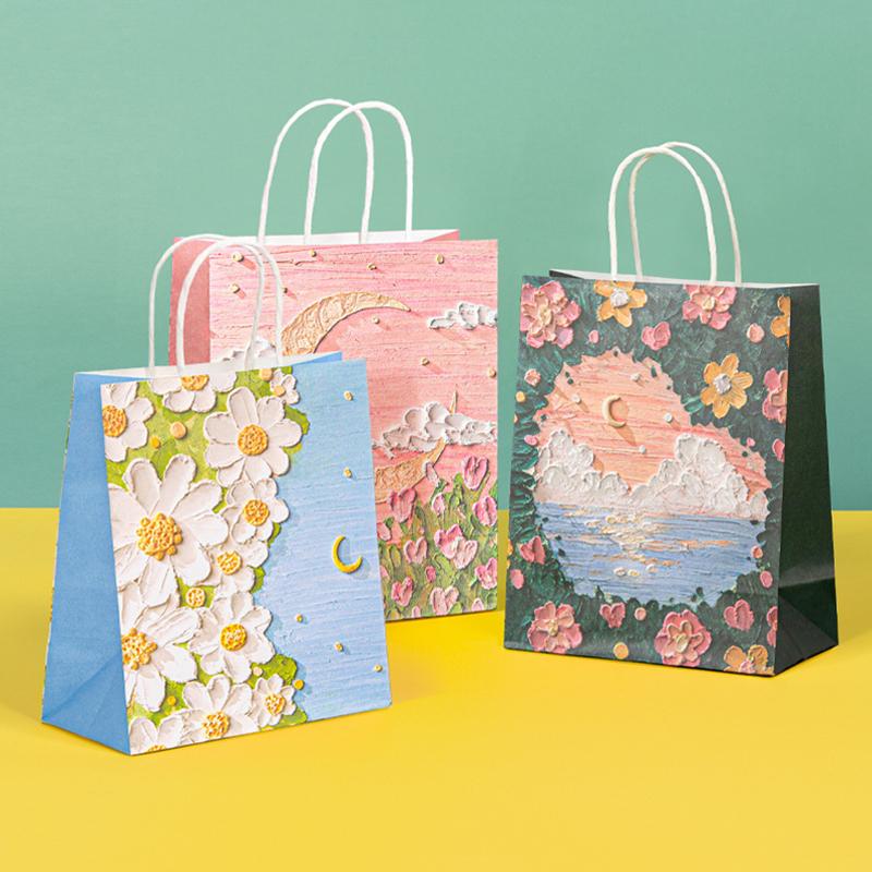 5pcs Kraft Paper Gift Bags Summer Holiday Gifts Bag Birthday Wedding Party Favor Bag Portable Gift Bag 3D Oil Painting Handbag
