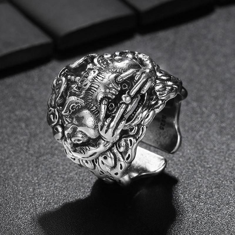 Мужское ретро кольцо из тайского серебра с орангутангом - Открывающееся этническое украшение на палец