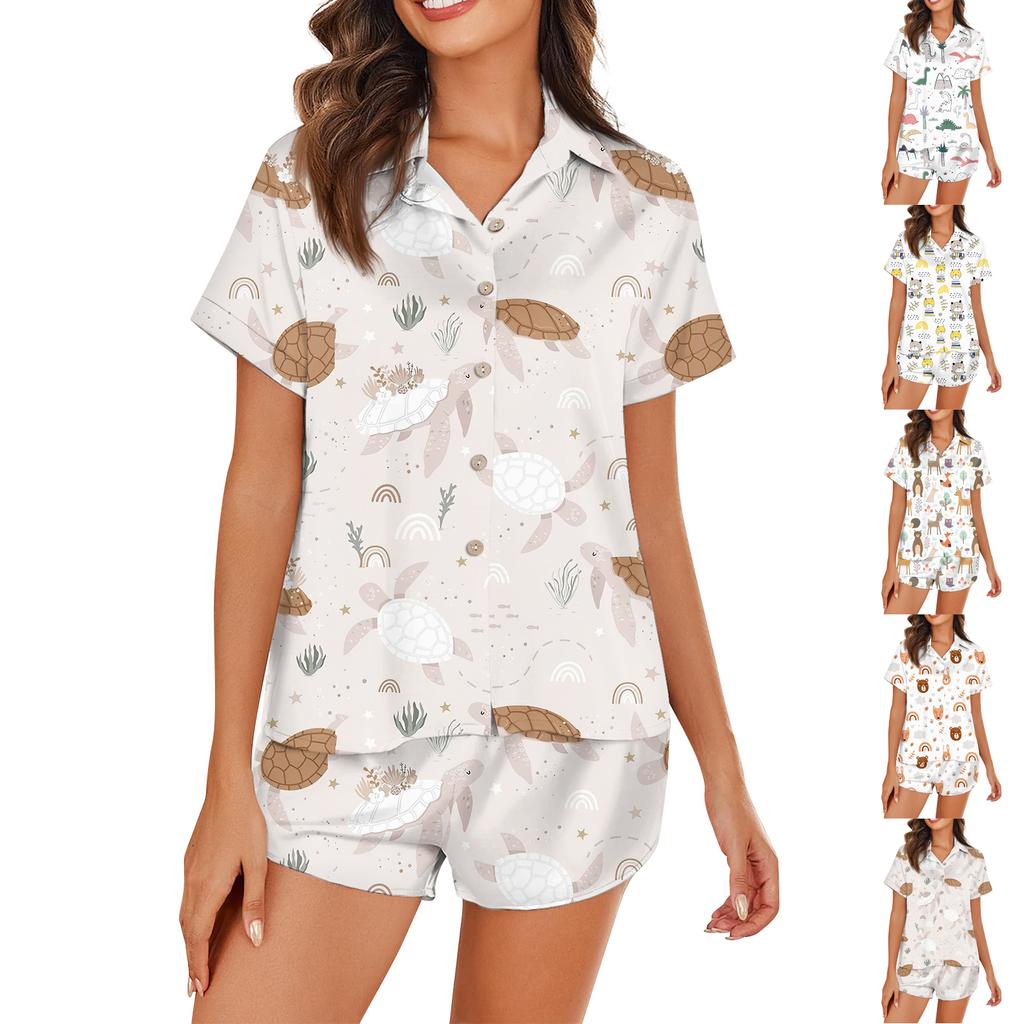 Женская шелковая пижама с пуговицами, домашняя одежда, принт со звездами, короткий рукав, атласный пижамный комплект из 2 предметов