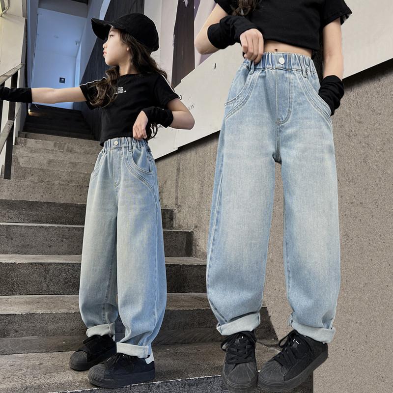 Джинсовые брюки для девочек, широкие джинсы, весенние и осенние, модные, стильные, детские, свободные, карманы, утягивающие, прямые брюки