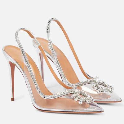 Весна и лето новый стиль острый носок серебристый прозрачный страз цепочка модные туфли-стилет женские