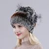 Winter Women Good Elasticity Real Rex Rabbit Fur Hats with Silver Fox Fur Lady Outdoor Warm Knitted Genuine Rex Rabbit Fur Cap