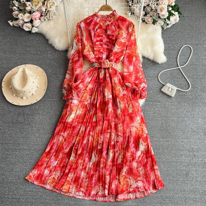 Retro Graceful Stand Collar Speaker Long Sleeves Elegance Dress