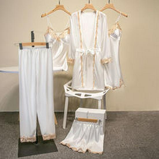 Шелковый цветочный комплект пижамы: Золотой топ-камисоль из 5 предметов со встроенным бюстгальтером