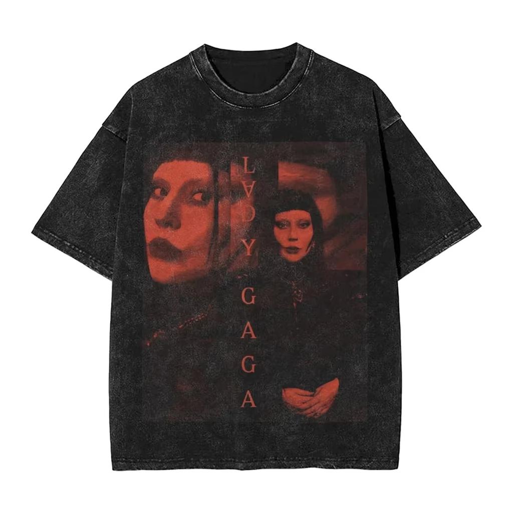 Singer Lady Gagas washed Tshirt a messy hiphop retro streetwear with sleeve prints unisex top