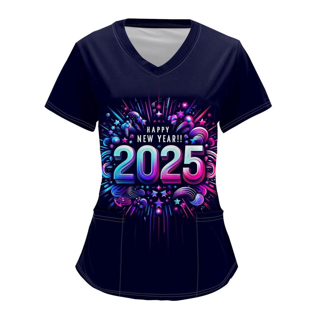 Women's Fashion V-neck Short-sleeved Overalls With Pockets 2025  Christmas Print Top