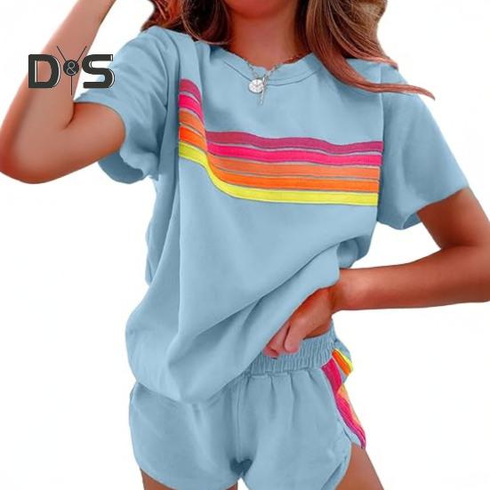 Женский комплект из 2 предметов: футболка с коротким рукавом и круглым вырезом, эластичная резинка на талии, широкие шорты, комплект в стиле пэчворк, уличный стиль