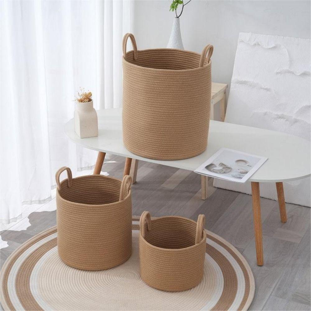 Cotton Linen Woven Dirty Laundry Basket Handmade Straw Wicker Rattan Storage Basket  Bathroom