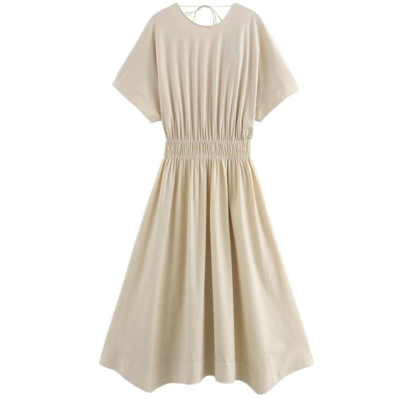 Fashion Style 2024 Summer New Female Excellent Elegant Tight Waist Pleated Short Sleeve Backless Dress 06618931711