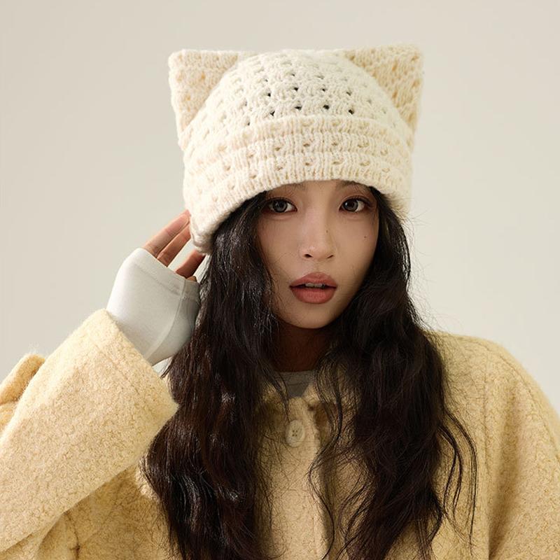 Шерстяная шапка с кошачьими ушками Осень Зима Большая голова Теплая Защита ушей Вязаная шапка