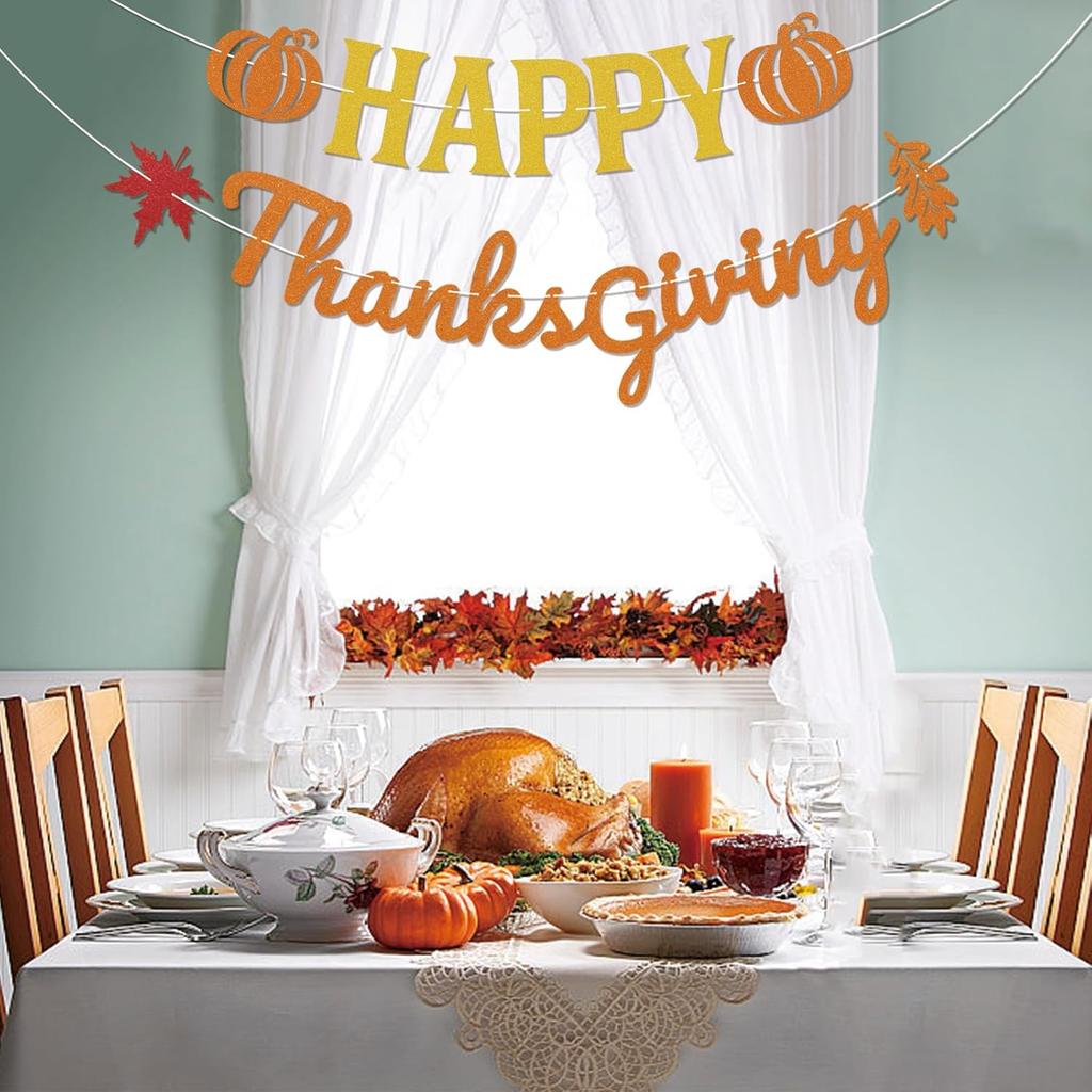 Happy Thanksgiving Banner - Happy Fall Thanksgiving Mantle Fireplace Decorations, Autumn Harvest Holiday Outdoor Home Office Classroom Hanging Decor