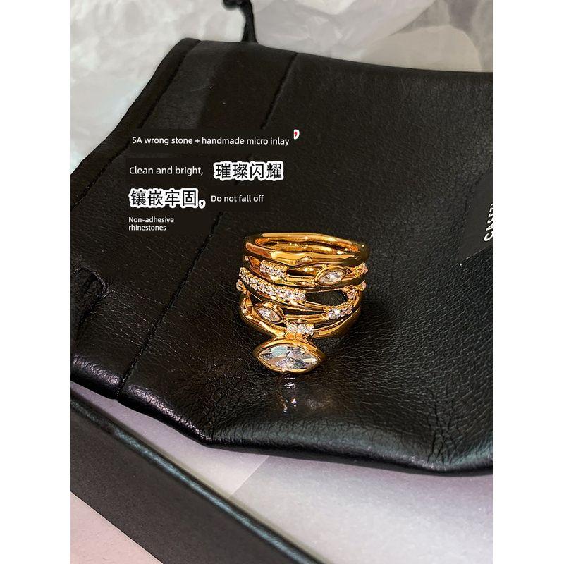 Fashion Exaggerated Zircon Hollow Gold Multi-Layer Line Ring Female Accessible Luxury Niche Design Classy Index Finger Ring
