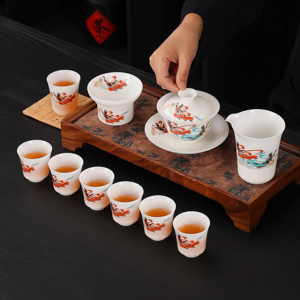 High-end vegetarian-fired ice jade porcelain Kung Fu tea set, household Dehua white porcelain Dunhuang Feitian