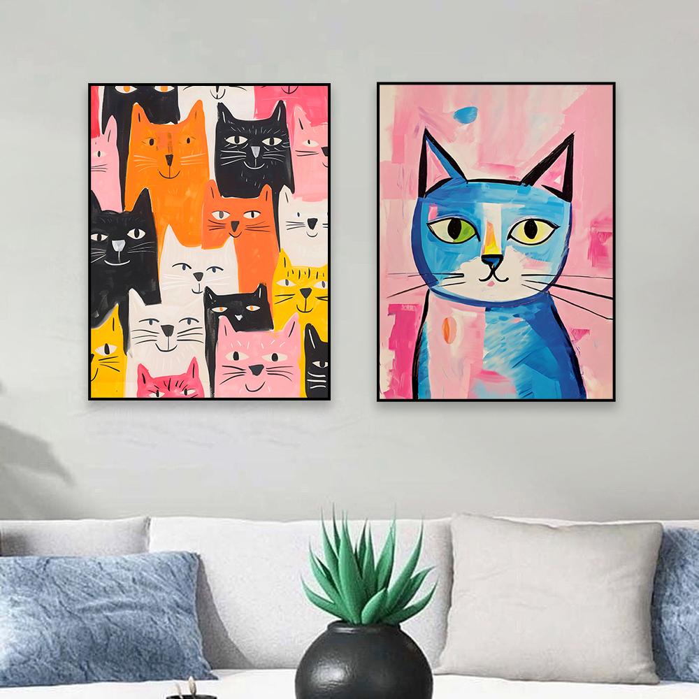 Cool Cats Canvas Painting Colorful Graffiti Mid-Century Modern Cat Wall Art Poster Decor Abstract Blue And Yellow Cat Room Decor