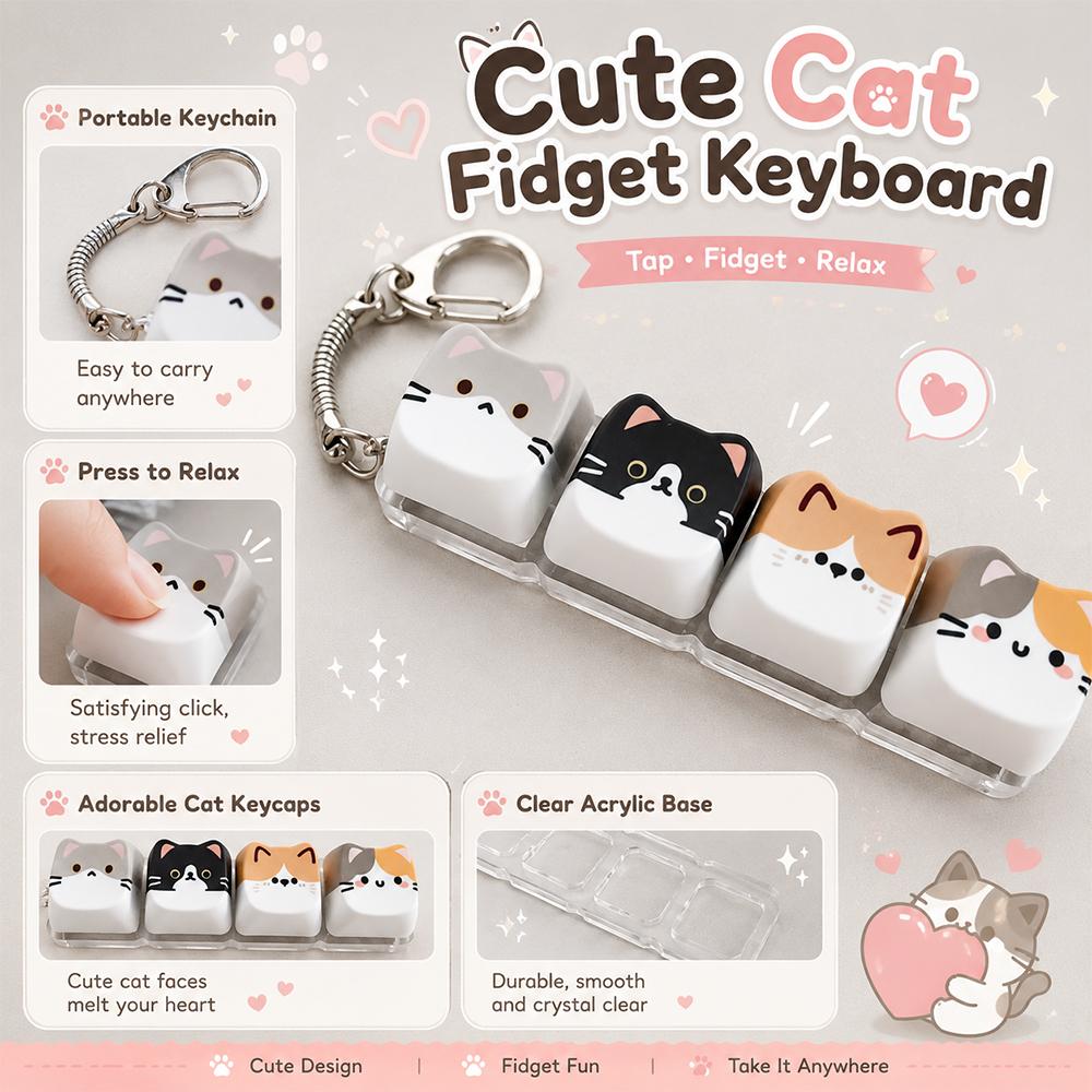 Cute Cat Keyboard Fidget Toy, Crisp Sound,Stress Relief Fidget Clicker Keychain, Creative Keycap Button, for Adults at Work, Travel, Home