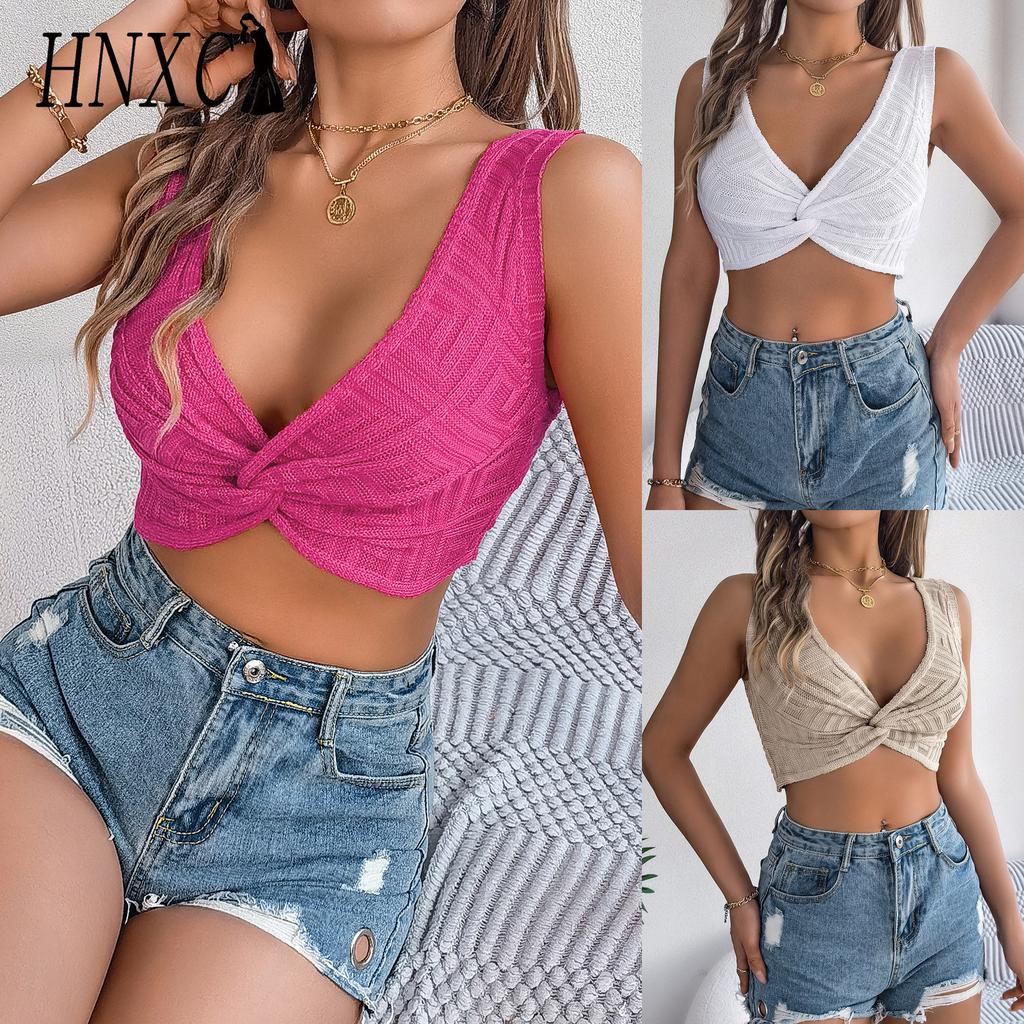 HNXC Spring Summer Solid-color Knotted Crop Top for Vacation Women's Wear