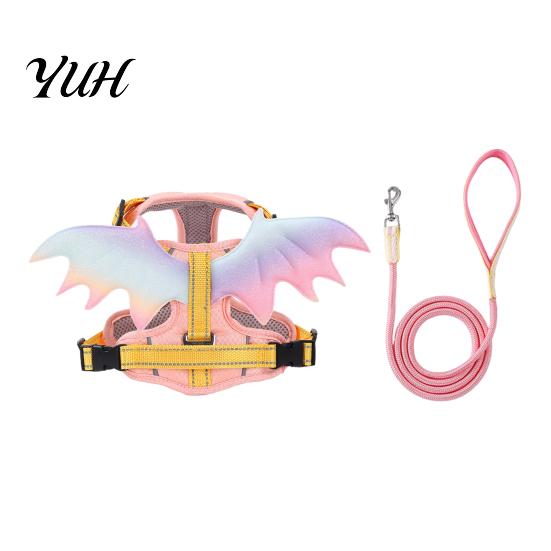 Secure Training Harness No Pull Dog with 5Ft Leash, Cute Colorful Wings Harness, Adjustable Gradient Wing Reflective Vest Handle for Walking