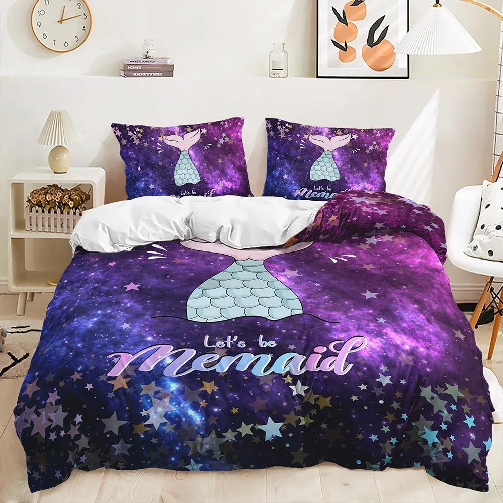 Cartoon Mermaid Bedding Set Comfortable Duvet Quilt Cover Pillowcase Bedding Set Children Bedroom Decoration Home Textile
