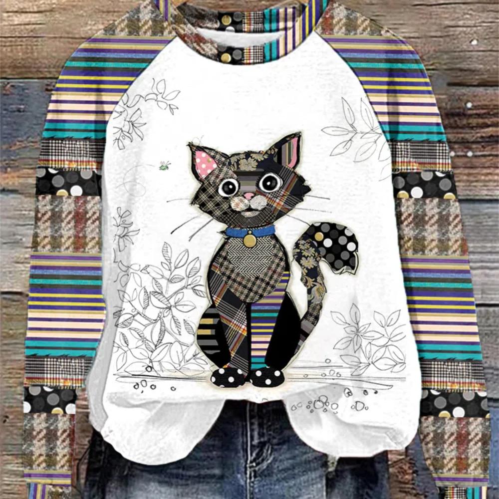 Cartoon Cat Round Neck Sweater Printed Women's Autumn Raglan Sleeve Cartoon Casual Round Neck Sweater Casual Pullover Top