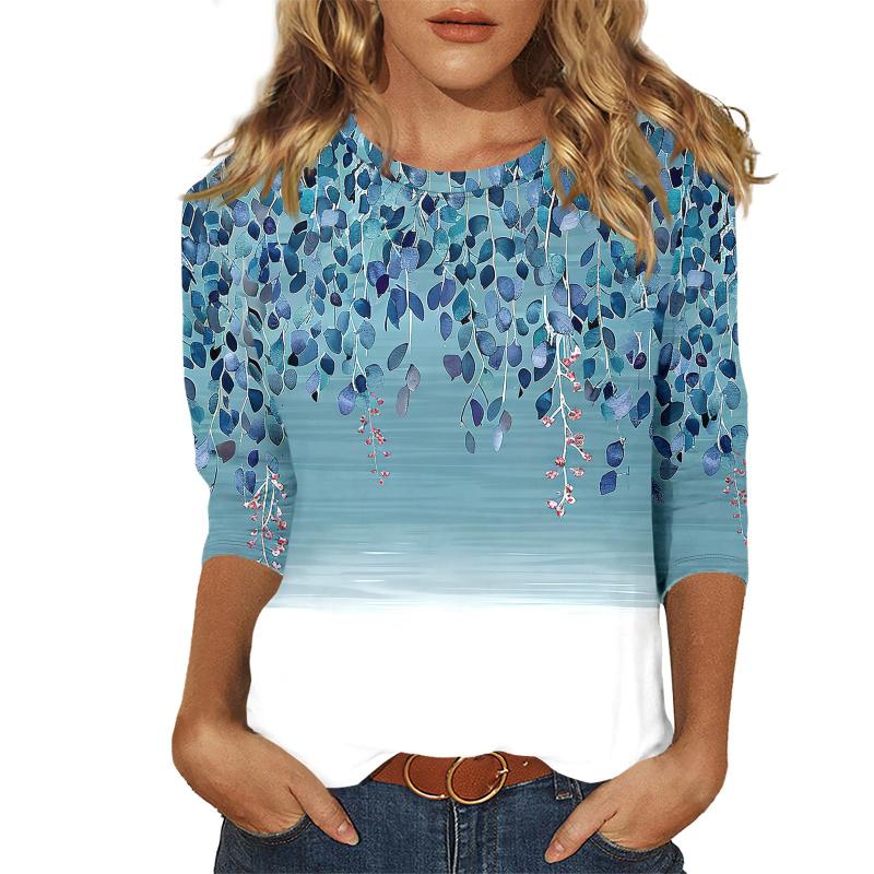 2025 Nouveau Femmes Fleur Mode Imprimé À Manches Longues T-shirt Sport Loisirs Mignon Polyester Ultra-mince Col Rond À Manches Longues