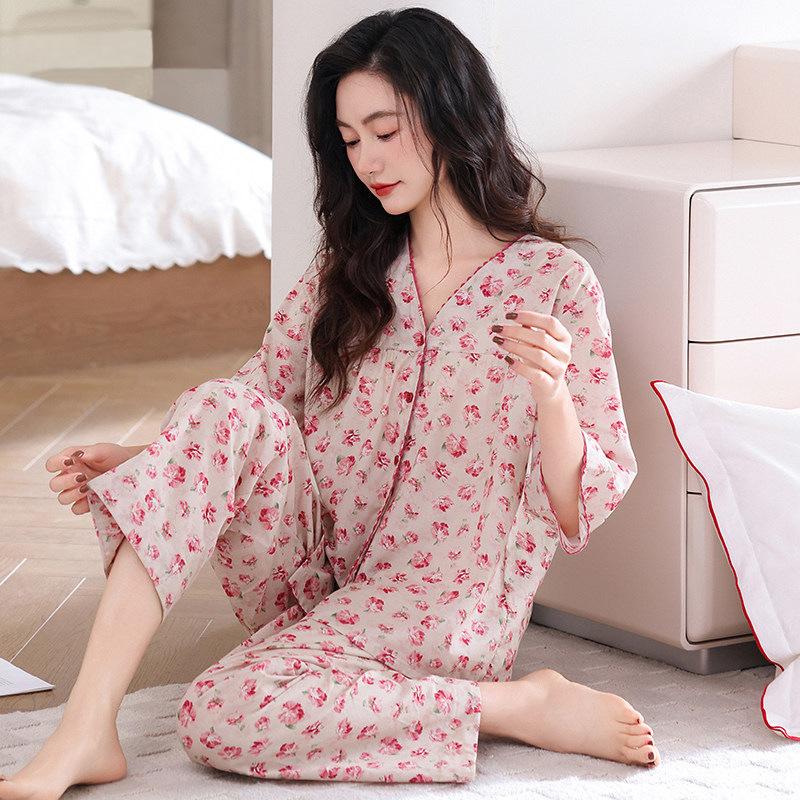 Woven cotton gauze pajamas women's spring cotton seven-quarter sleeves 1011 new summer cotton mother loungewear