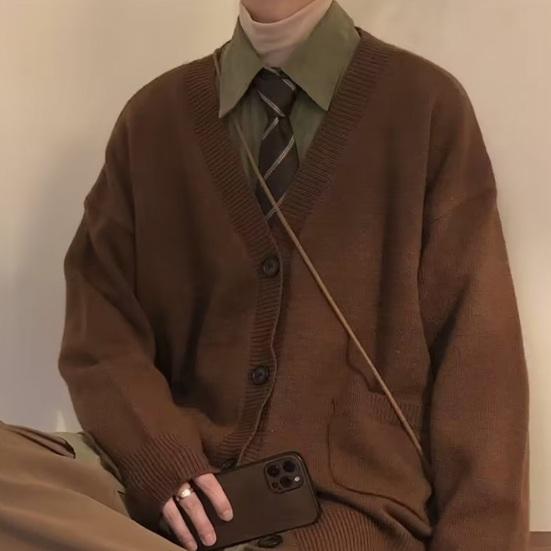 Осень-зима мужской свитер кардиган с V-образным вырезом трикотажный толстый эластичный длинный рукав свободный стиль преппи теплый однотонный трикотаж повседневная одежда свитер пальто