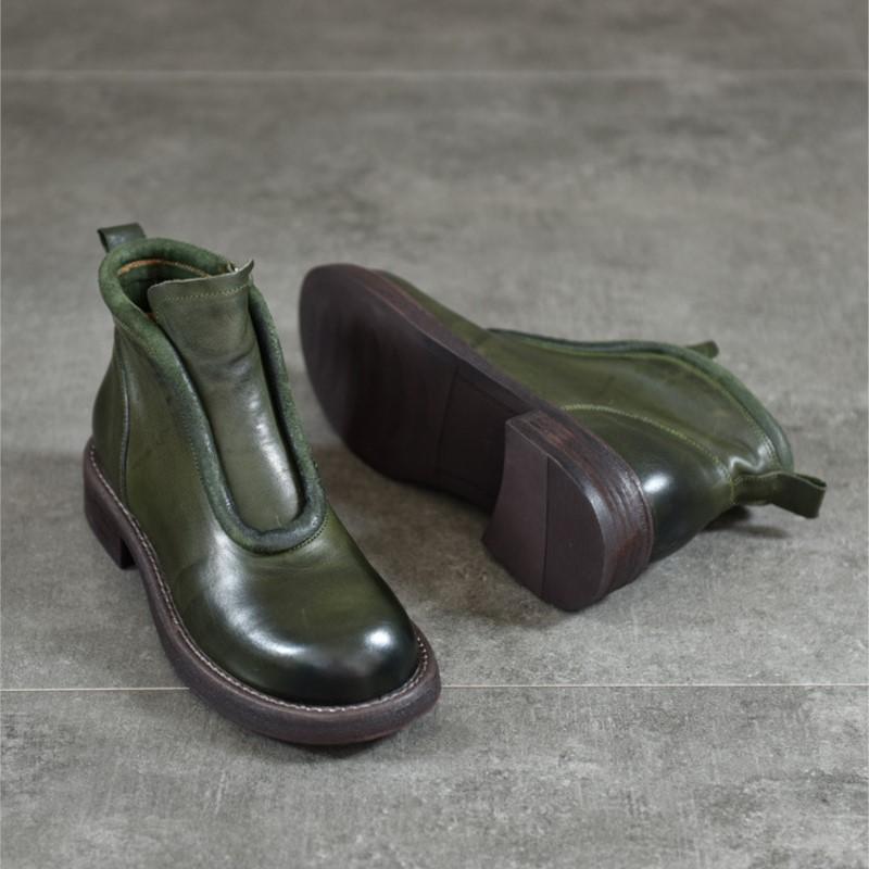 Johnature Винтажные короткие ботинки из натуральной кожи с круглым носком и боковой молнией, универсальная женская обувь