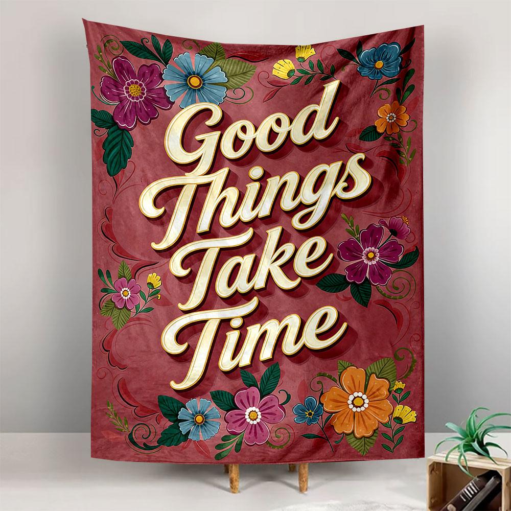 Wall Tapestry Good Things Take Time Cream Script Lettering Burgundy Background Colorful Folk Flowers Inspirational Decor Bedroom