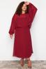 Women's Fashion New Plus Big Size Dress Burgundy Cape Detailed Chiffon Woven Plus Big Size Dress
