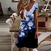 Summer Fashion Women's V Neck Short Sleeve Flower Printed  Dress Sex Short Skirt Dresses