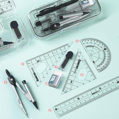 8 предметов DAINAYW Math Geometry Kit Наборы инструментов для рисования Канцелярские принадлежности включают линейки, транспортир, циркуль, треугольную линейку, набор для черчения и рисования