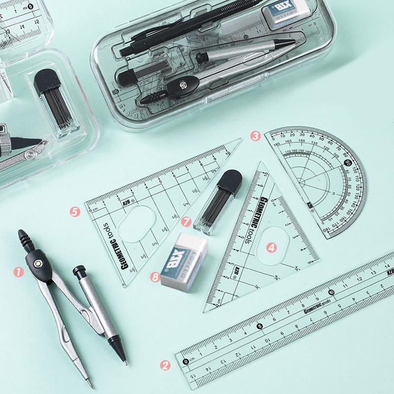 8 предметов DAINAYW Math Geometry Kit Наборы инструментов для рисования Канцелярские принадлежности включают линейки, транспортир, циркуль, треугольную линейку, набор для черчения и рисования