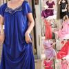 9 Colors Plus Size Women Pajamas Dress Lace Satin Short Sleeve Long Nightly Dress Comfortable Home Wear Silk Sleepwear
