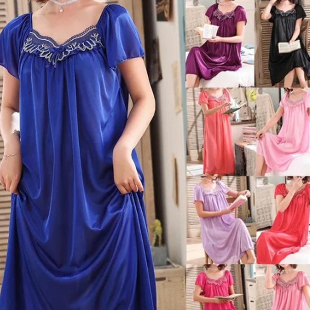 9 цветов, женское пижамное платье больших размеров, кружевное атласное длинное ночное платье с короткими рукавами, удобная домашняя одежда, шелковая одежда для сна