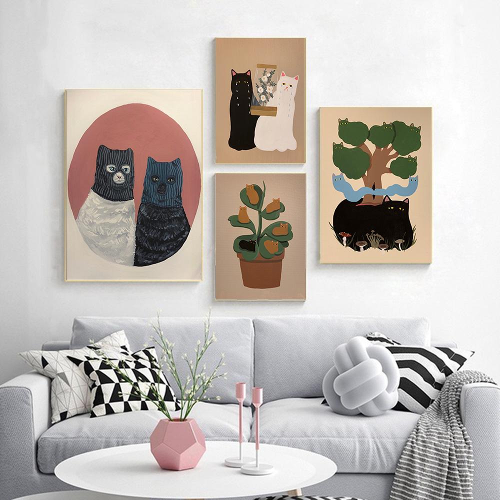 Cat with Plants Canvas Prints Painting Posters Abstract Cat Modern Nordic Wall Pictures Art for Kids Room Bedroom Home Decor