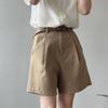 WTEMPO Cotton Shorts Women High Waist Wide Leg A Line Suit Shorts with Belt Office Lady Solid Loose Casual All Match Short Pants