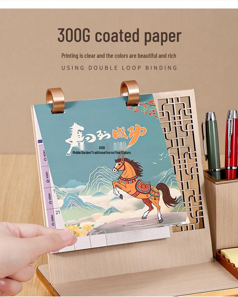 Настольный календарь на 2026 год: Многофункциональная деревянная подставка с подставкой для ручек и планером самодисциплины - Изысканный подарочный набор, настраиваемый