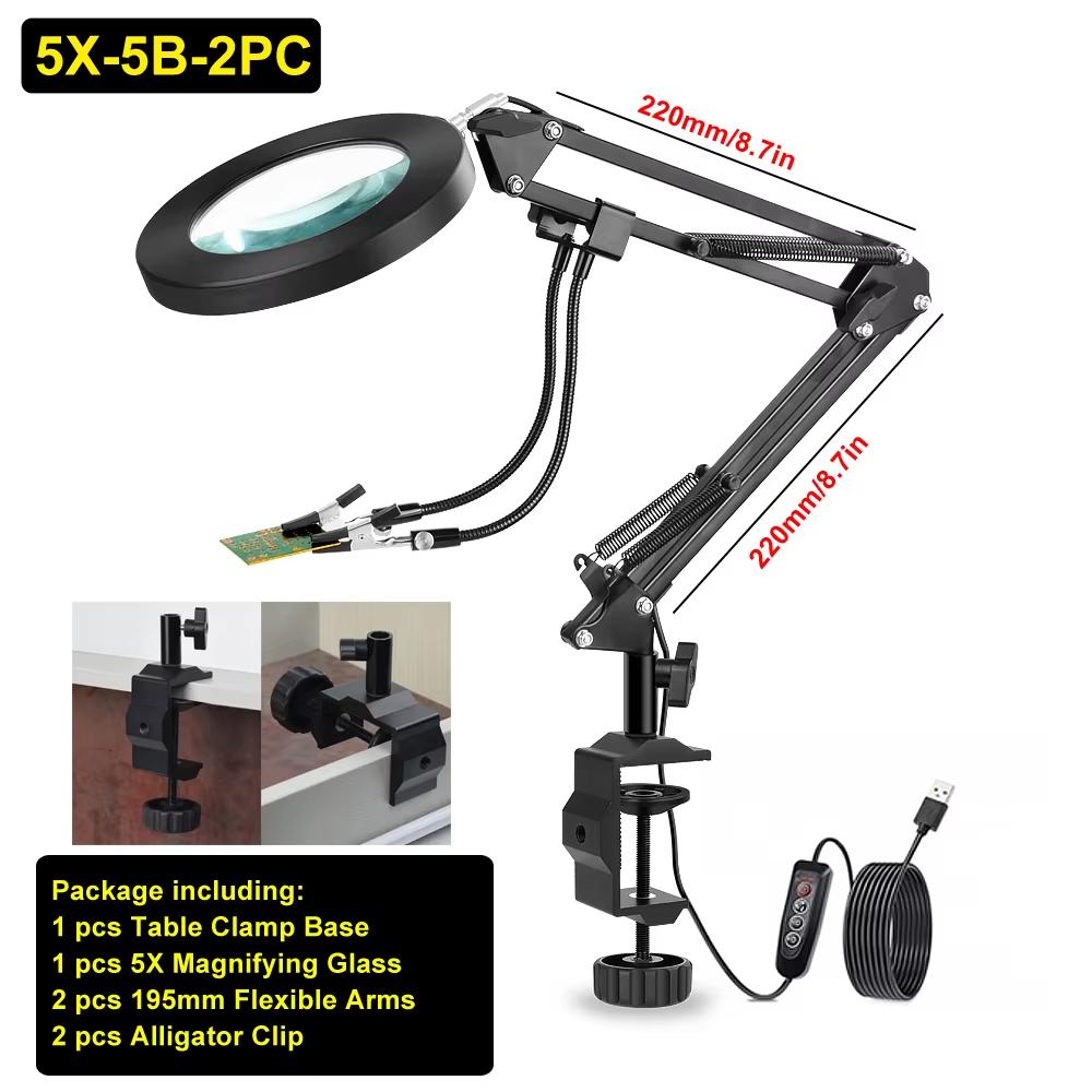 NEWACALOX 5X Magnifying Glass with Light 2 Flexible Arms Welding Third Hand Bench Clamp Soldering Repair Lamp for Close Work