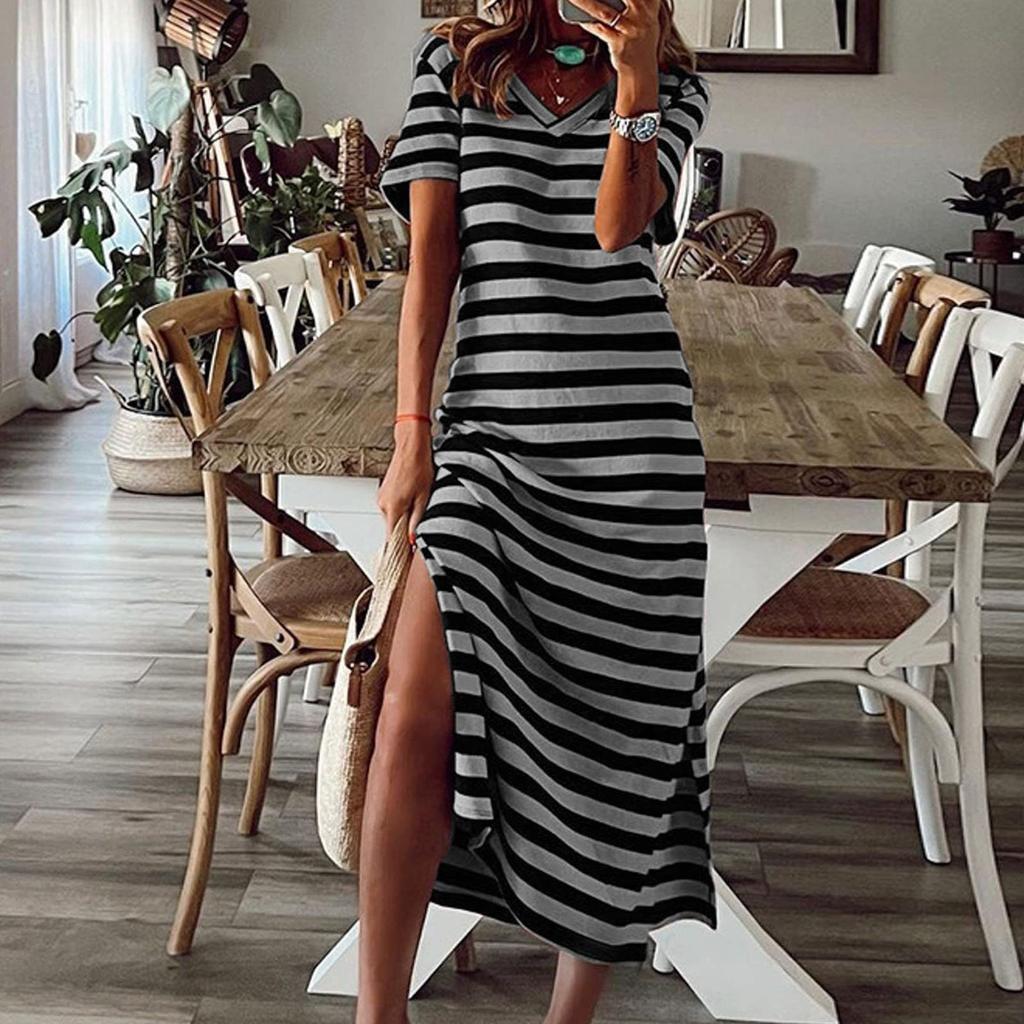 Fashion Womens Loose Sexy Summer Slit Loose V Neck Stripe Printed Dress