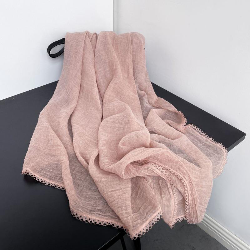 Spring New Lace Pleated Literary Yarn Thin Scarf, Women's Solid Color Cotton and Linen Silk Scarf, Neck Protection Scarf