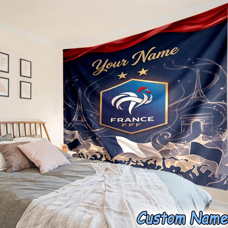 Custom Name France Football Emblem Printed Tapestry, for Bedroom,Livingroom, dormitory, Large Wall Decor, Fabric Decor Fan Birthday Gifts