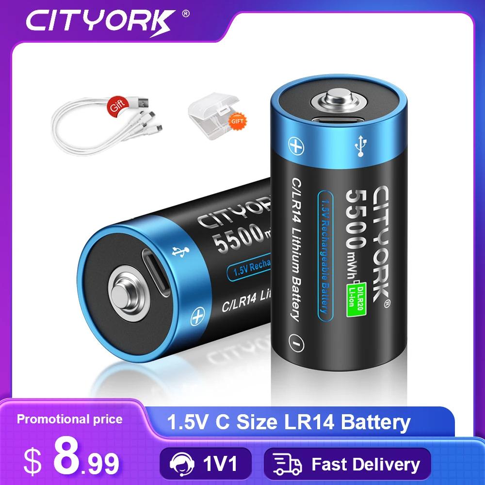 Cityork Перезаряжаемая батарея размера 1,5 VC, тип C, зарядка через USB, литий-ионная батарея R14 LR14 C для фонарика, газовой плиты