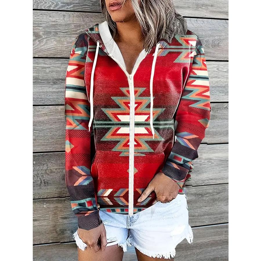 Winter Printed Hooded Sweatshirt Sportwear Coat for Women Zipper Down 3D Pocket Hoodies Autumn Women's Clothing